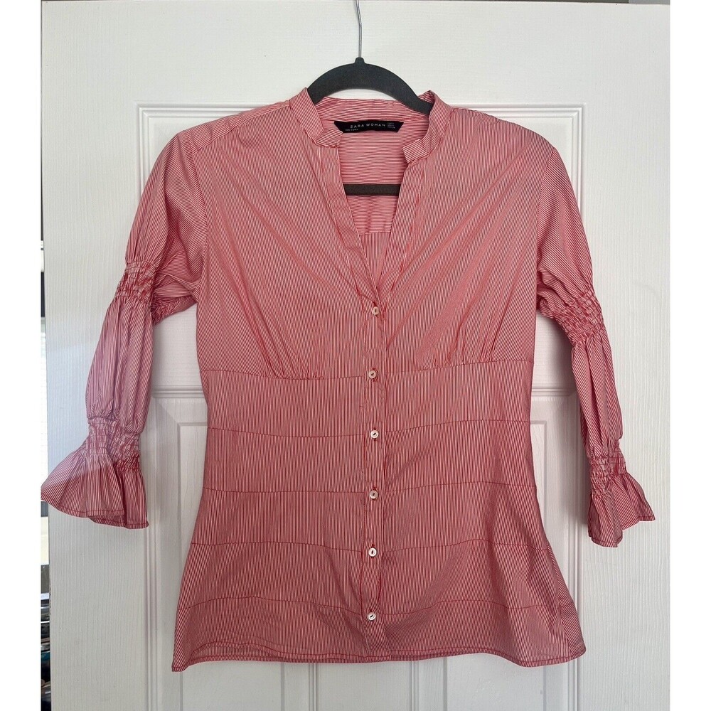 Zara Womens Size Medium Bell Sleeve Orange Stripe Button Down Shirt Blouse Top